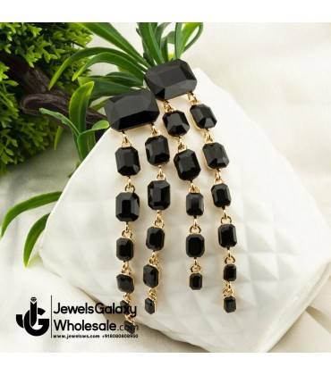 Gold Plated Handcrafted Black Long Drop Earrings