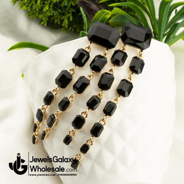 Gold Plated Handcrafted Black Long Drop Earrings