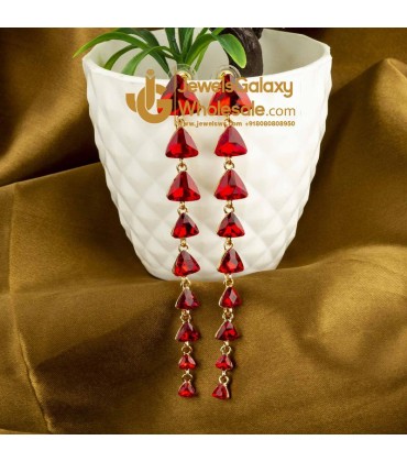 Gold Plated Geometrical Red Long Drop Earrings