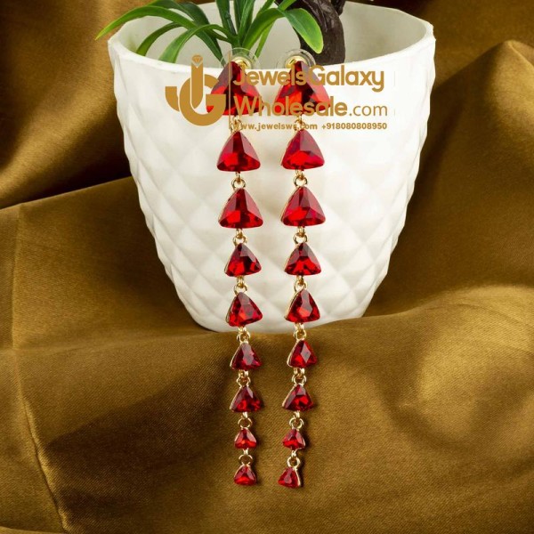 Gold Plated Geometrical Red Long Drop Earrings