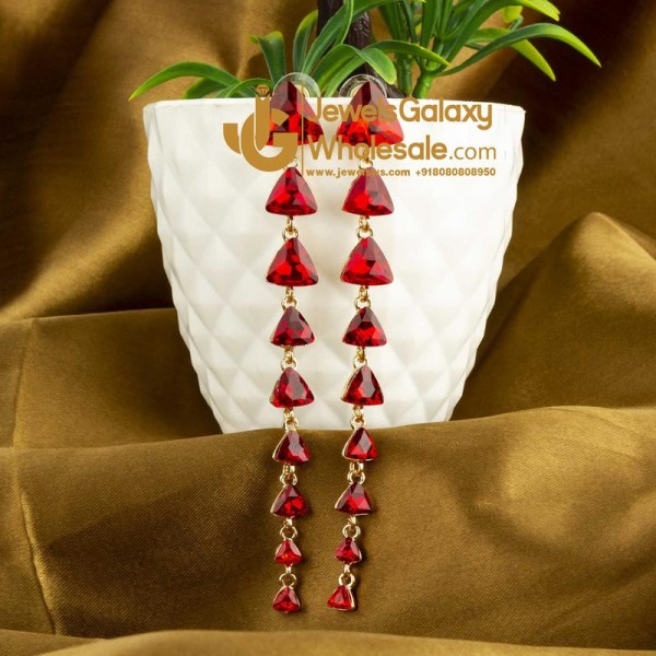 Gold Plated Geometrical Red Long Drop Earrings