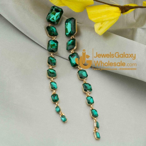 Gold Plated Handcrafted Green Square Drop Earrings