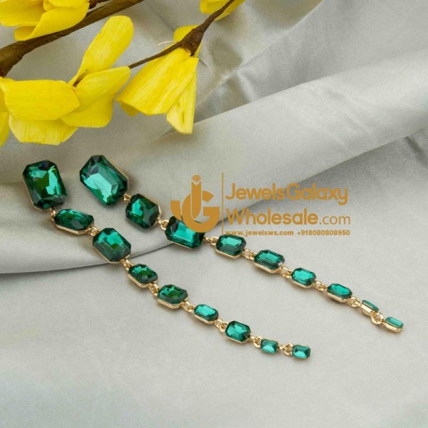 Gold Plated Handcrafted Green Square Drop Earrings