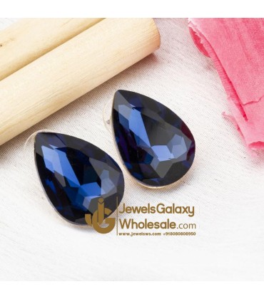 Navy Blue Gold-Plated Stone-Studded Teardrop Shaped Oversized Studs