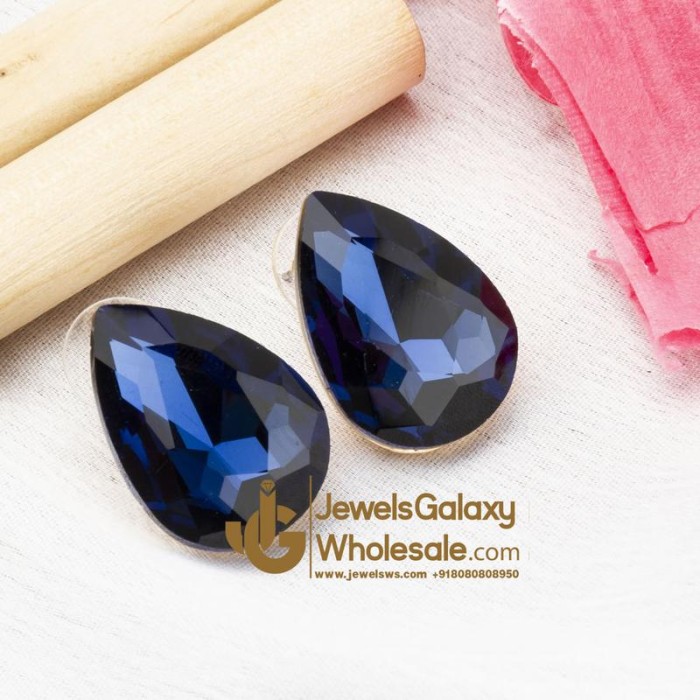 Navy Blue Gold-Plated Stone-Studded Teardrop Shaped Oversized Studs