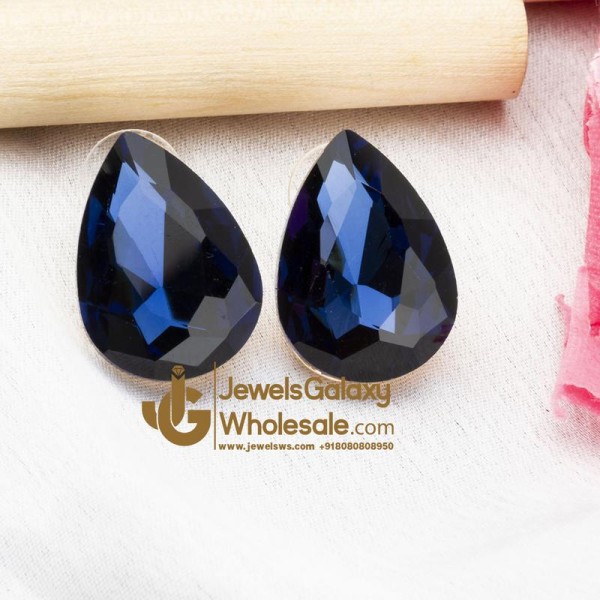 Navy Blue Gold-Plated Stone-Studded Teardrop Shaped Oversized Studs