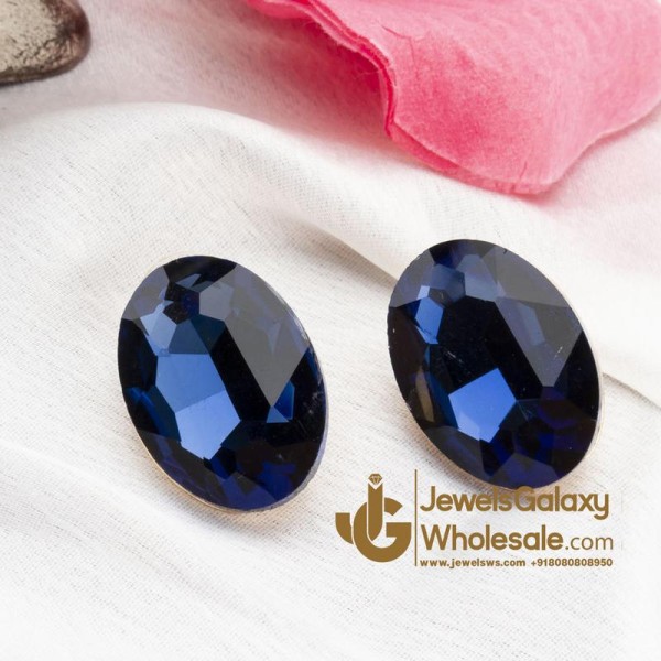 Navy Gold-Plated Oval Stone Studs