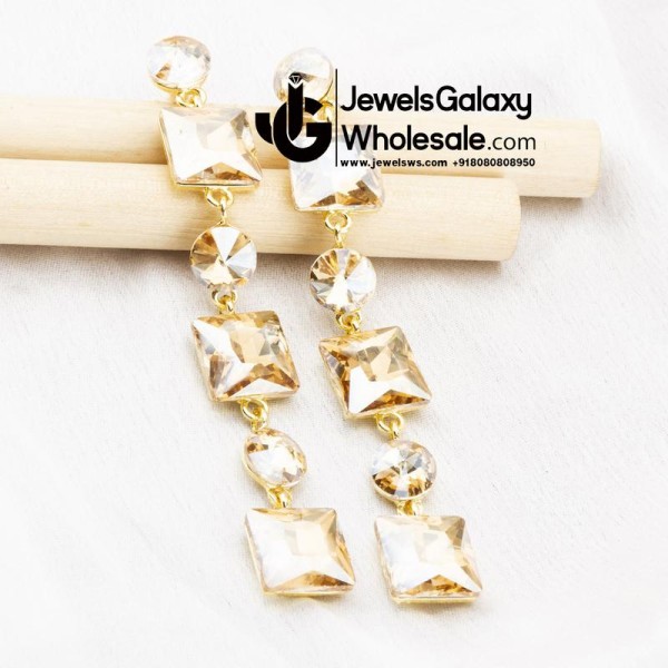 Gold-Plated Stone-Studded Geometric Drop Earrings