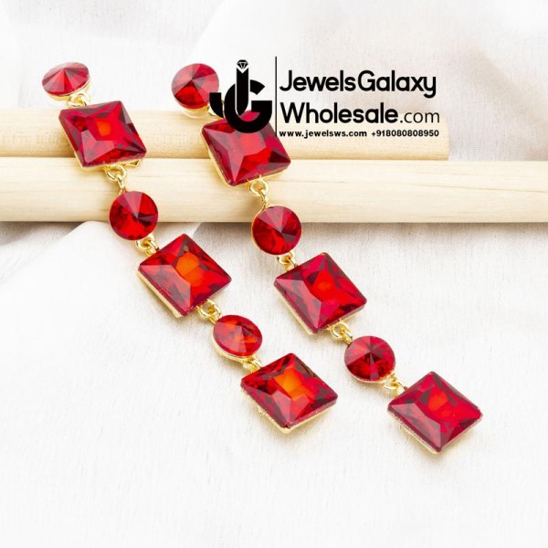 Red Gold-Plated Stone-Studded Geometric Drop Earrings