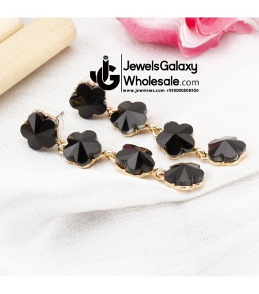 Black Gold-Plated Stone-Studded Floral Drop Earrings