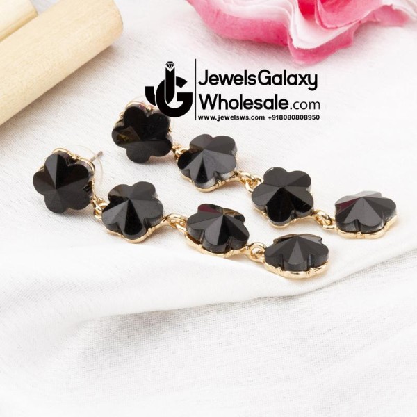 Black Gold-Plated Stone-Studded Floral Drop Earrings