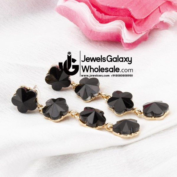 Black Gold-Plated Stone-Studded Floral Drop Earrings