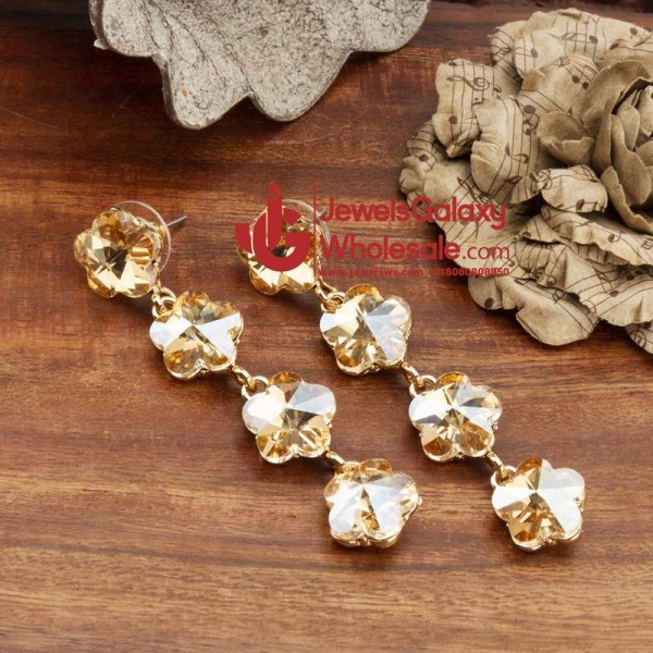 Gold-Plated Stone-Studded Floral Drop Earrings