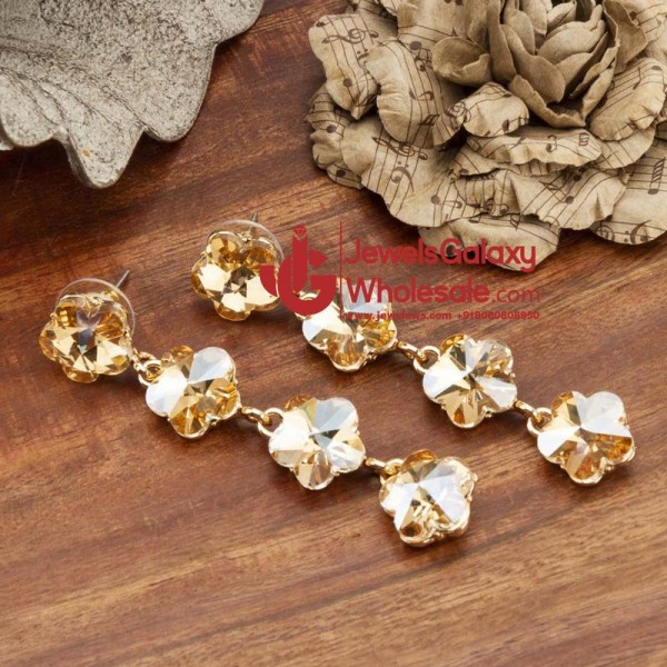 Gold-Plated Stone-Studded Floral Drop Earrings