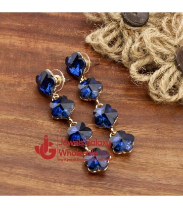 Navy Blue Gold-Plated Floral Stone-Studded Drop Earrings