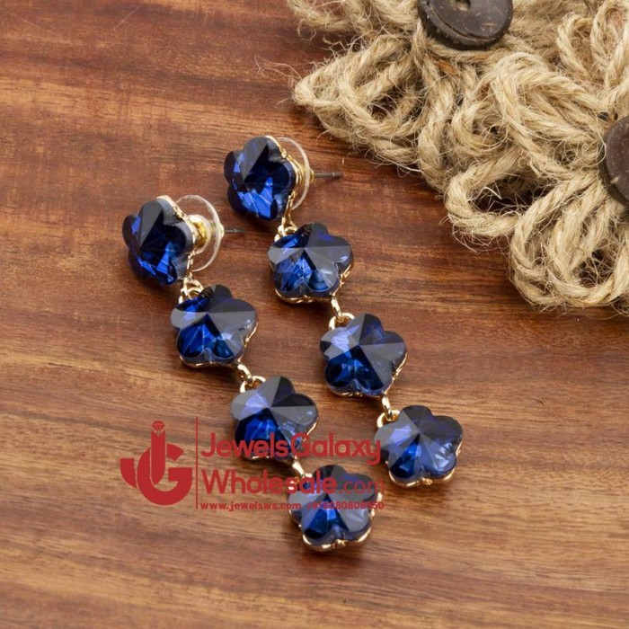 Navy Blue Gold-Plated Floral Stone-Studded Drop Earrings