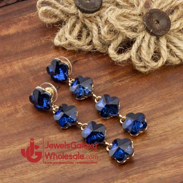 Navy Blue Gold-Plated Floral Stone-Studded Drop Earrings