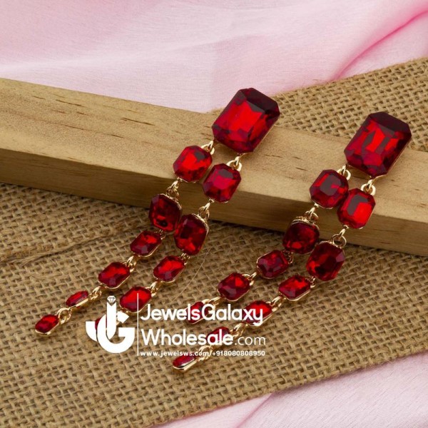 Red Gold-Plated Stone-Studded Geometric Drop Earrings