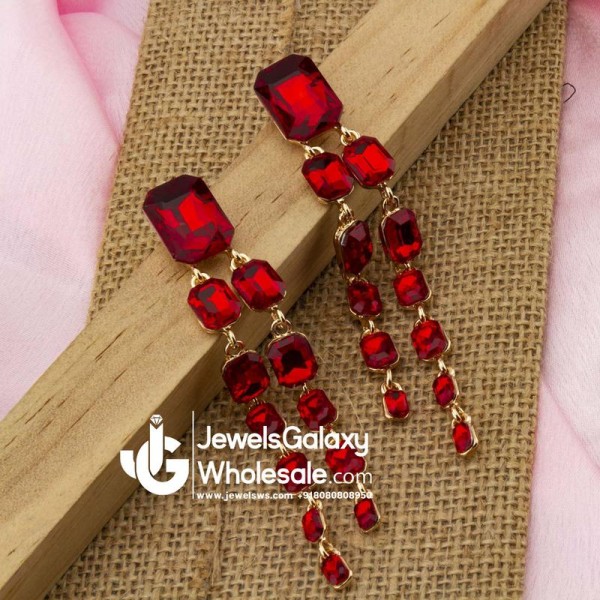 Red Gold-Plated Stone-Studded Geometric Drop Earrings