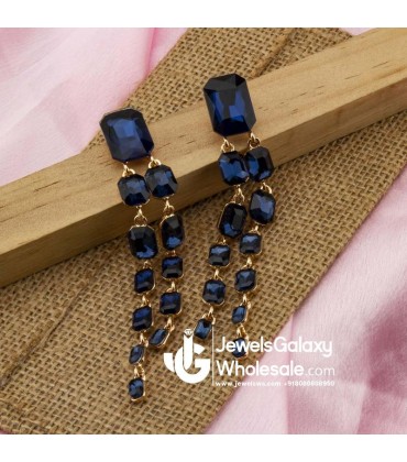 Navy Blue Gold-Plated Stone-Studded Geometric Drop Earrings