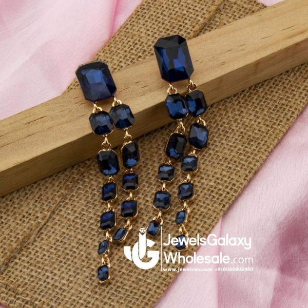Navy Blue Gold-Plated Stone-Studded Geometric Drop Earrings