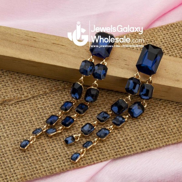 Navy Blue Gold-Plated Stone-Studded Geometric Drop Earrings