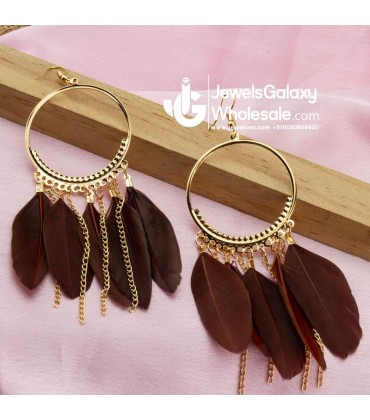 Brown Gold-Plated Feather Shaped Drop Earrings
