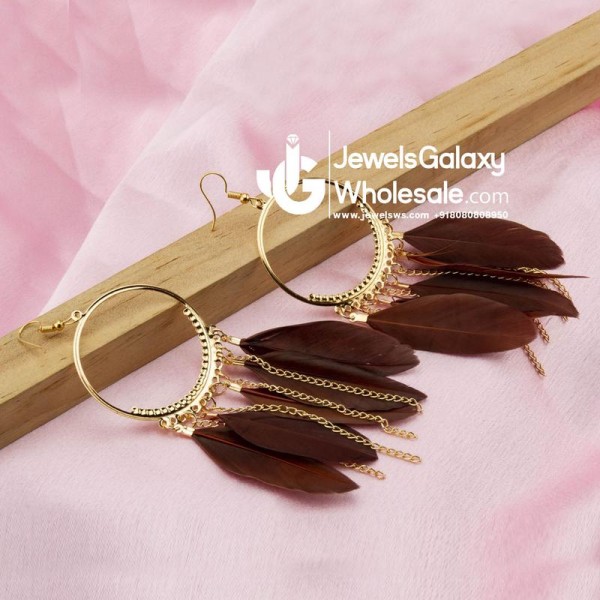 Brown Gold-Plated Feather Shaped Drop Earrings