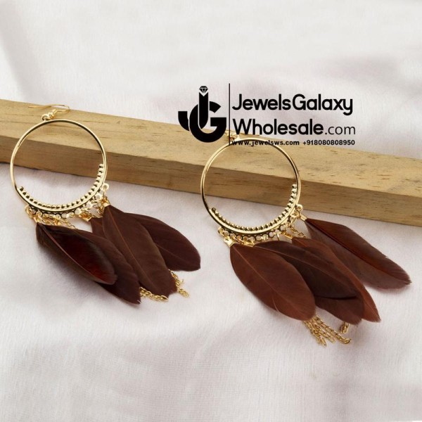 Brown Gold-Plated Feather Shaped Drop Earrings