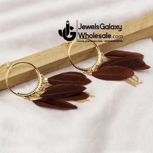 Brown Gold-Plated Feather Shaped Drop Earrings