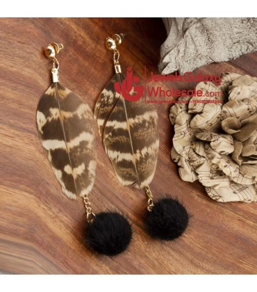 Black & Brown Gold-Plated Feather Shaped Drop Earrings