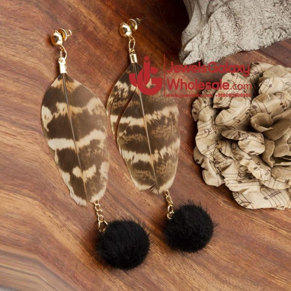 Black & Brown Gold-Plated Feather Shaped Drop Earrings