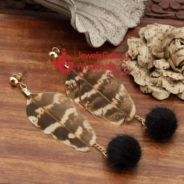 Black & Brown Gold-Plated Feather Shaped Drop Earrings