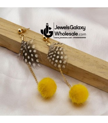 Yellow & Charcoal Grey Gold-Plated Feather Shaped Drop Earrings