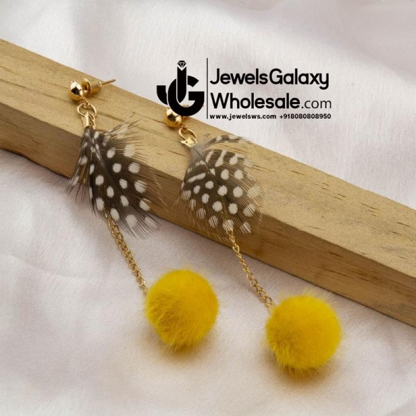 Yellow & Charcoal Grey Gold-Plated Feather Shaped Drop Earrings
