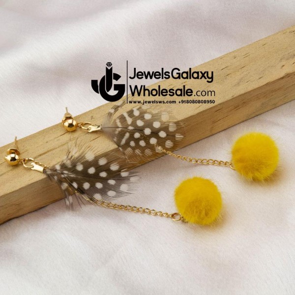 Yellow & Charcoal Grey Gold-Plated Feather Shaped Drop Earrings