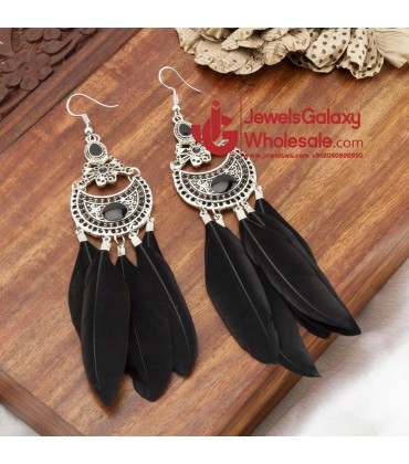 Oxidised Silver-Plated & Black Feather Shaped Drop Earrings