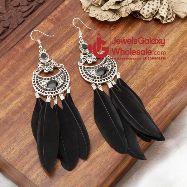 Oxidised Silver-Plated & Black Feather Shaped Drop Earrings