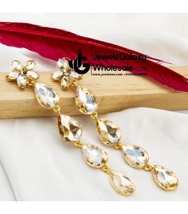 Gold-Plated Stone-Studded Teardrop Shaped Drop Earrings