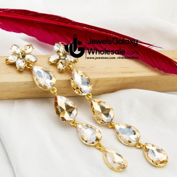 Gold-Plated Stone-Studded Teardrop Shaped Drop Earrings