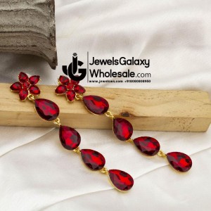 Gold-Plated Red Stone-Studded Teardrop Shaped Drop Earrings