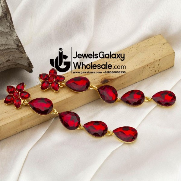 Gold-Plated Red Stone-Studded Teardrop Shaped Drop Earrings