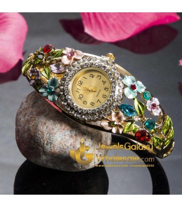 Rose Gold Plated Multicolour Floral Bracelet Watch 9079