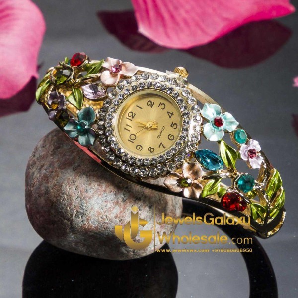 Rose Gold Plated Multicolour Floral Bracelet Watch 9079