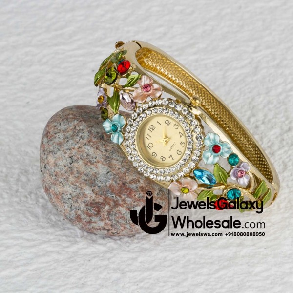 Rose Gold Plated Multicolour Floral Bracelet Watch 9079