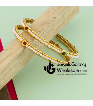 Guaranteed Gold Plated Ruby Green Pearl Bangle Set of 2 12240