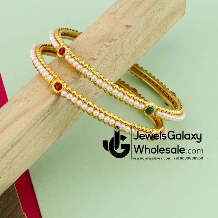 Guaranteed Gold Plated Ruby Green Pearl Bangle Set of 2 12240