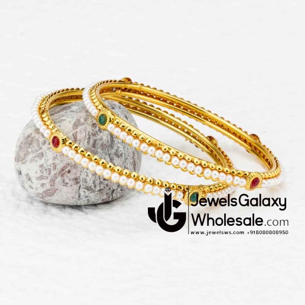 Guaranteed Gold Plated Ruby Green Pearl Bangle Set of 2 12240