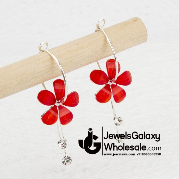 Red Floral Platinum Plated American Diamond Drop Earrings 12656