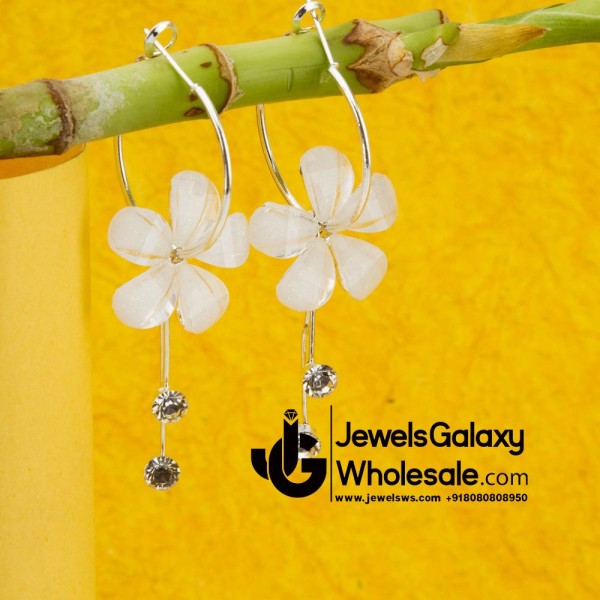 Off White Floral Platinum Plated American Diamond Drop Earrings 12657